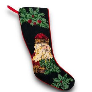 Vintage Handcrafted Needlework Needlepoint Christmas Stocking Santa Wool ? 20"
